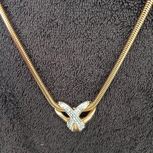 NWT Older QVC Gold Tone 28" Necklace with Chunky X Heart & Rhinestones